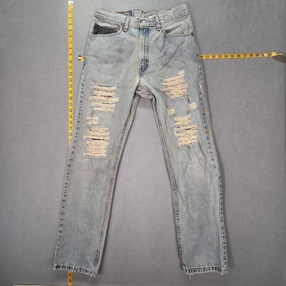 VTG Levis 505 Jeans Mens Light Wash Straight Leather Pockets Thrashed Fits 28x31